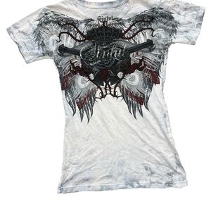 Sinful by Affliction White T-Shirt with Black and Red Winged Design Sz XLarge